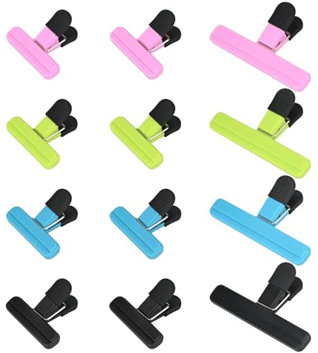 Lot de 12 pinces alimentaires réutilisables pour sac de congélation - 2 tailles - Pour la maison, la cuisine, le bureau (1 l, vert, 1 l, bleu, 1 rose, 1 rouge, 1 vert, 1 bleu, 1 rose, 1 noir)