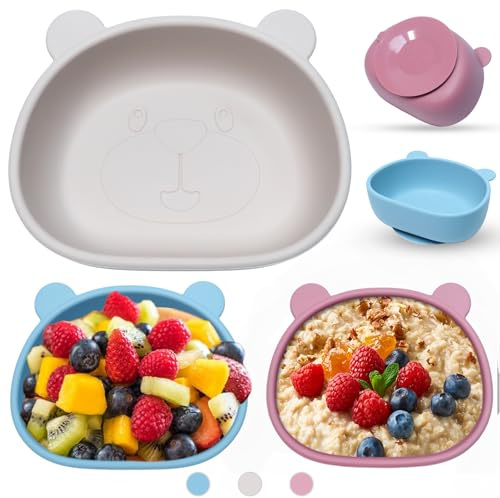 Dazhtu Set di 3 Ciotole per Bambini con Ventosa, Ciotola con ventosa per bambini,Antiscivolo Ciotola per Alimenti in Silicone,Senza BPA, per Neonati Bambini Piccoli e Infanti(blu& beige&rosa)