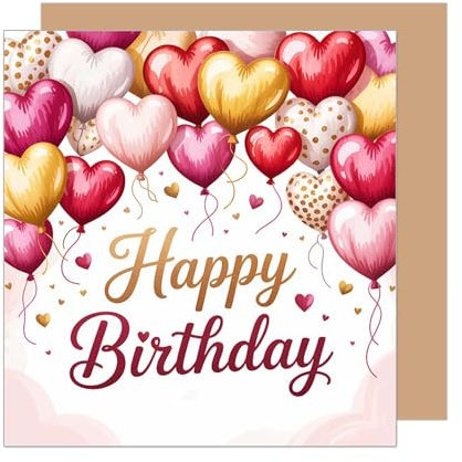 Edition Seidel - Carte d'anniversaire premium carrée avec enveloppe. Carte de félicitations pour l'anniversaire Happy Birthday avec texte anglais pour homme et femme, ballons et cœur (GQ450 SW025)