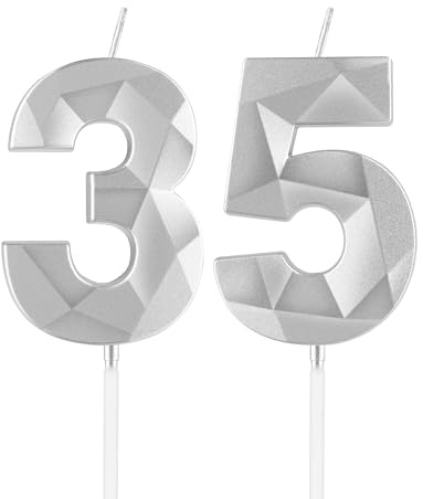 mciskin Silver 35th Birthday Candles, 35th Birthday Decorations for Women Men,3D Number 35 Candles for Cake,Silver Candle Cake Topper Decorations for Birthday Party Weddings Anniversary Supplies