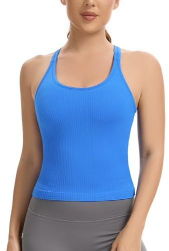 Lemef Vest Top with Built in Bra Sports Top for Women Ribbed Gym Tank Top Racerback Workout Yoga Shirt Blue S