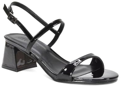 ESSEX GLAM Women's Strappy Sandals Ladies Mid High Block Heel Adjustable Buckle Strap Black Patent Peep Toe Two Party Heeled Shoes Size 7