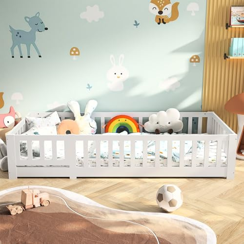 Yeutre Lit Enfant 90x200 cm Lit au Sol Enfant en Bois en Bois de Pin avec Protection Contre Les Chutes Cadre de lit pour Fille Et Garçon (sans Matelas) (Blanc, 90 x 200 cm)
