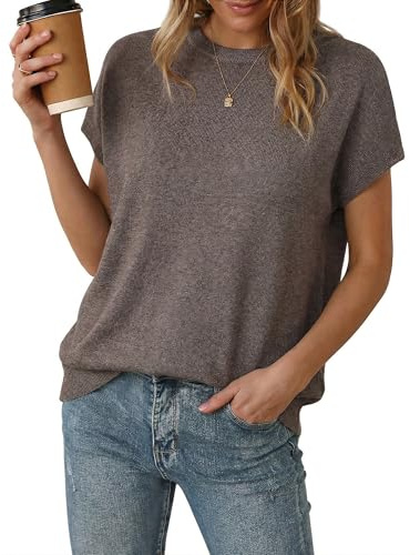 Arach&Cloz Women's Jumpers Short Sleeve Wool Blend Pullover Summer Oversized Crew Neck Top Casual Loose Outfits