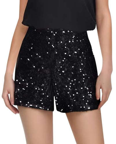 Short a Paillette Femme Short à Paillettes Noir Soirée Taille Haute Élastique Droit à Sequins pour Femme Chaud à Paillettes Pantalon de Fête Scintillant Brillanté de Danse Mini Shorts pour (Black, XS)