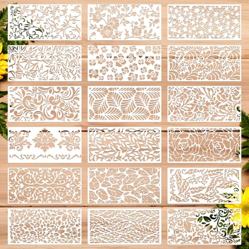 18Pcs Flower Stencils for Painting, Reusable Cake and Cookie Stencils, Floral Patterns for DIY Crafts, Wood, Fabric, and Furniture Decoration