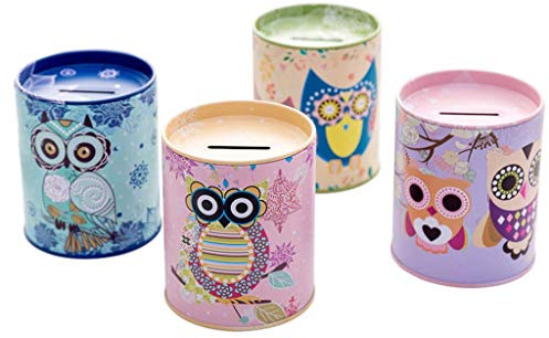 Ogquaton Vintage Tinplate Cylinder Piggy Bank, Cartoon Colorful Geometric Owl Patterns Money Saving Box Reward Penholder Coin Cash Storage Case Gift, 1PC Random Color Creative and Useful
