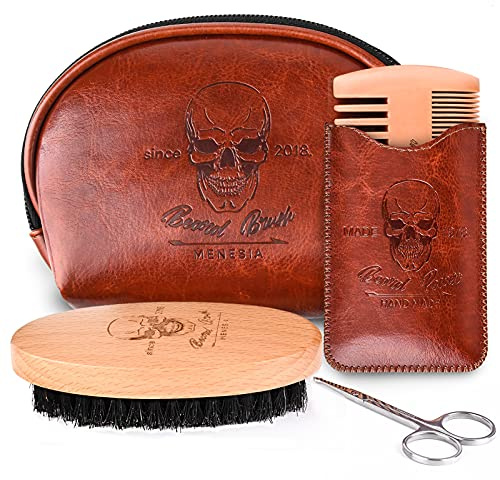 Menesia Beard Brush and Comb Set, Boar Bristle Hair Beard Brush Kit with Small Leather Travel Toiletry Bag Case for Men, Include Men's Wooden Mustache Comb & Nose Hair Scissors