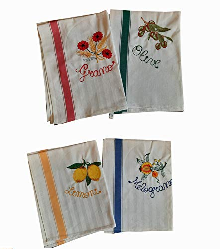 4 bestickte Geschirrtücher, Größe 55 x 72 cm, hergestellt in Italien, 100 % Baumwolle.