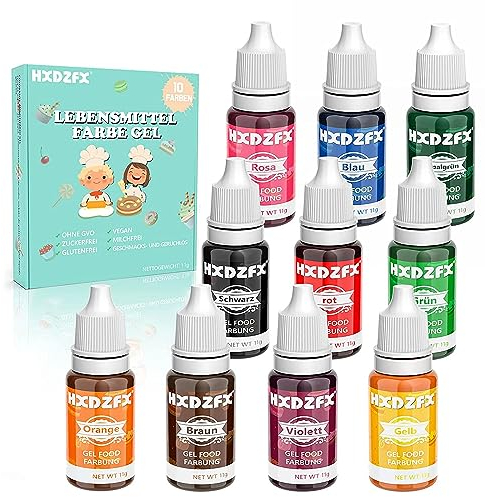 Lebensmittelfarbe Gel - 10 Farben Hochkonzentriertes Gel Lebensmittelfarb Set, Geeignet für Kuchendekoration, Macarons, Donuts, Fudge, Zuckerguss, Eis, Seifenfarbe(Pro Flasche 11g)