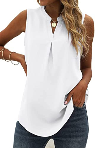 Famulily Women's V Neck Chiffon Tank Tops Pleated Sheer Vest Tops Summer Sleeveless Loose Casual Shirts
