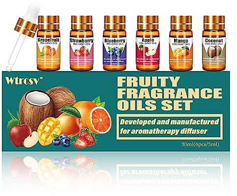 Fruchtiges Duftöl - Ätherische Öle Set für diffuser– 5 ml x 6 Fruchtaromen der vier Jahreszeiten – Kokosnuss, Heidelbeere, Grapefruit, Apfel, Erdbeere, Mango – für alle Arten von Aromadiffusoren