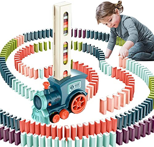 OBEST 180Pcs Juguete de Tren Dominó, Tren Eléctrico Domino con Luces y Música, Automático Rally Tren Apilados Bloques de Dominó para Niños, Juguetes Educativos 3+ años Regalo de cumpleaños (Azul)