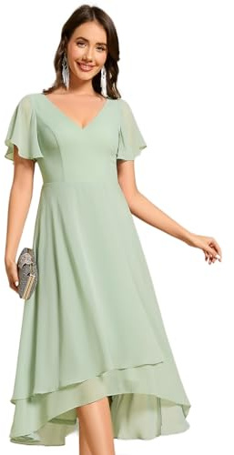 Ever-Pretty Robe Témoin de Mariage Asymétrique High Low Col V Manches Volantées Mousseline Midi Taille Empire Belle Robe Soirée Chic Verte Menthe 44