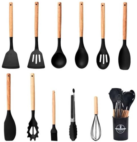 12 PCS Kitchen Utensil Set, Silicone Cooking Utensils with Holder, Resistant Natural Wooden Handle Cookware Tongs Spatula Spoon Set, Non Stick & Heat Resistant, Dishwasher Safe