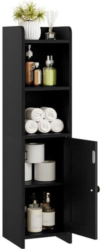 Lomojo Kleiner Badezimmer-Aufbewahrungsschrank, freistehender Badezimmer-Organizer für kleine Räume, schmaler Toilettenpapier-Eckboden mit Tür und Regalen, 20 cm T x 20 cm B x 80 cm H, Schwarz