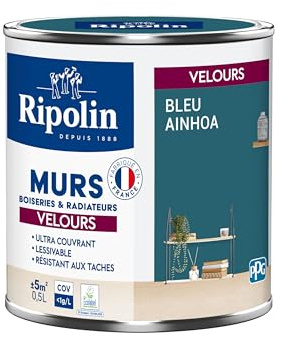RIPOLIN - Peinture Intérieure Multi-Supports – Murs, Boiseries & Radiateurs – Ultra couvrante - Monocouche - Confort d'application - Aspect Velours - Bleu Ainhoa - 0,5L