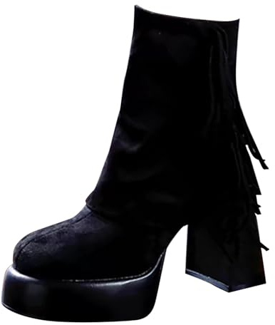 Bottines élégantes pour femme avec talon haut - Bottines à talons hauts - Bottines à talon bloc - Bottines avec franges - Style gothique punk - Bottes en daim - Bottes élégantes pour femme pour fête