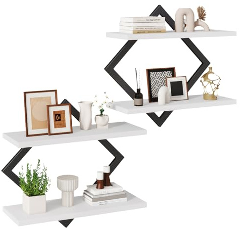 IBUYKE Mensola Galleggiante, Set di 2 Mensola da Parete da 38 cm, Mensola a Parete, Mensola Decorativa a 2 Livelli da Appendere per Soggiorno, Camera da Letto, Bagno, Cucina TFS003W-2