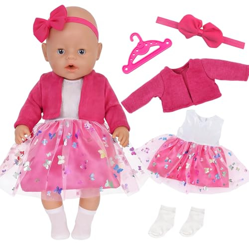 Puppenkleidung für 35-43cm Baby Puppen, 5 Stück Puppenkleidung Outfit, Rosenroter Mantel + SchmetterlingsTüllrock+Stirnband + Socken + Kleiderbügel, Puppenkleidungsset für Kinder Geburtstagsgeschenk