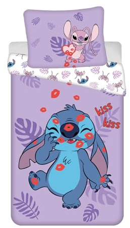 Disney Lilo & Stitch Barnsängkläder, Kiss Kiss design, påslakan 140 x 200 cm + örngott 70 x 90 cm, 100 % bomull