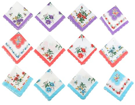 Mecmbj 12 Pezzi Fazzoletti da Donna, 30 x 30cm, Morbidi Vintage Floreale Fazzoletti in Tessuto di Cotone, per Feste di Nozze, uso Quotidiano
