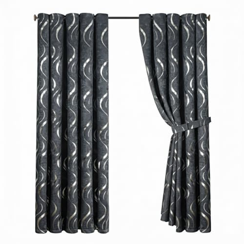 Opulent Dreams Room Darkening Curtains – Thermal Insulated Eyelet w/Tie Backs – Foil Printed Silver Wave Design – Energy Efficient Drapes for Bedroom – Set of 2 (Grey, 90 x 90 (228 x 228 cm))