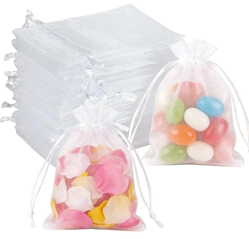 100 Piezas Saquitos de Regalo de Organza, 13x18cm Bolsas para Envoltura de Joyas, Bolsas de Organza Blanco, Bolsas de Organza Lavanda Bolsa de Regalo, para Boda Favores, Joyas y Dulces (Blanco)