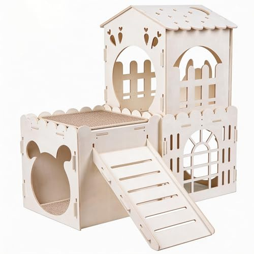 Grande Maison pour Lapin avec 2 Tapis à gratter pour Lapin, château de Lapin en Bois avec 3 Maisons à l'intérieur, Cage pour Cochon d'Inde, Tour d'escalade à Plusieurs étages, château en Bois Robuste