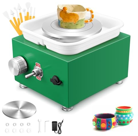 Pottery Wheel, Couleeur 2000RPM & 10/6.5cm Plates Turntable Mini Pottery Wheel, Adjustable Speed Electric Pottery Wheel with Shaping Tools for Pottery DIY Shops, Pottery Teaching(Green)