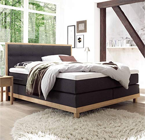 Hasena Boxspringbett Chalet Eiche Bianco|Stoff anthrazit 140x200 Topper Agrea (Liegekomfort: medium)