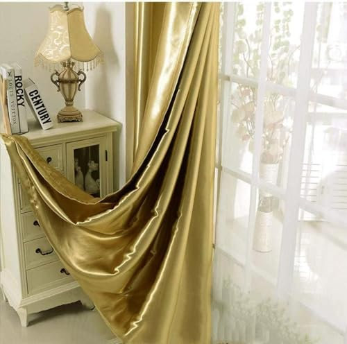 MYRU 1 Pair Room Darkening Shiny Gold Curtains for Living Room Bedroom Eyelet Golden Curtains for Windows (Gold, 2 x 66x84 Inch)