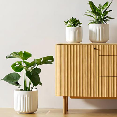 LE TAUCI 3er Set Blumentopf Keramik, 21+17+14 cm Durchmesser Ubertopf für Zimmerpflanzen, Pflanzkübel mit Drainagelöchern, Mittelgroßer Zylinder Ubertopf, Glasur Weiß