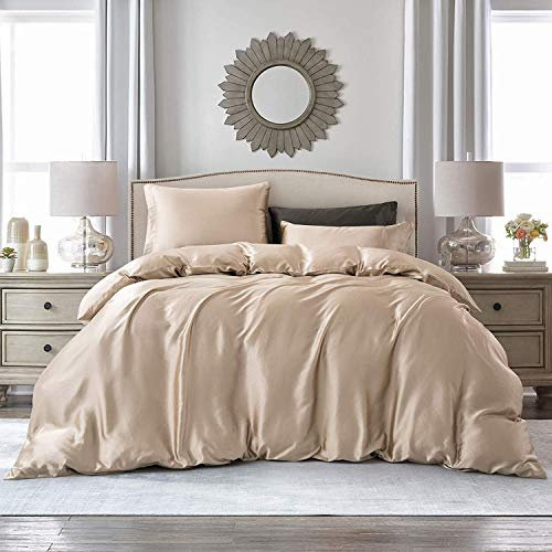 Sacebeleu Khaki Duvet Cover Set Double Bed Silk Like Bedding Set Summer Satin Quilt Covers 200x200cm with Zipper Closure and 2 Pillowcases 50x75cm