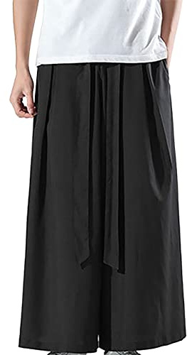Beokeuioe Japanese Style Kimono Harem Trousers Men's Vintage Wide Leg Loose Jogger Loose Straight Leg Pants Adult Costumes Baggy Pump Trousers Men's Linen Trousers Long, B Black, M
