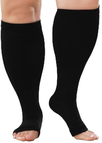 PUTUO Plus Size Compression Socks: Wide Calf Graduated Compression Stockings Men Women Open Toe Extra Large Compression Sock for Support Flight Travel Pregnancy Nurses 20-30 mmHg Black 6XL 1Pairs