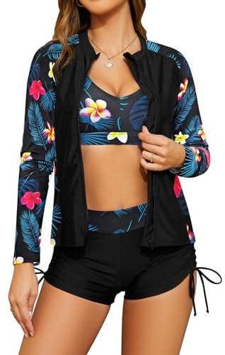 SHEKINI Frauen 3-teilige Rash Guard Langarm Badeanzüge mit Kordelzug Kurz (Schwarz+Blatt, Large)