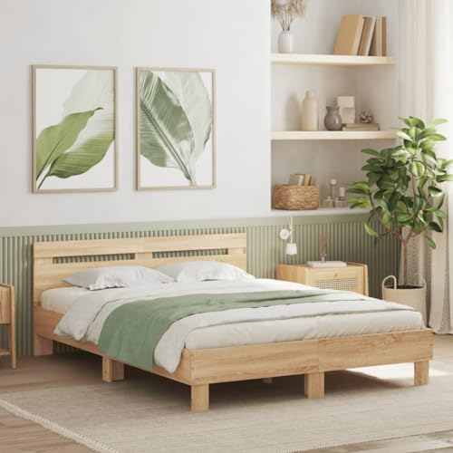 Faroom Holzbett Futonbett Bett 150x200 cm mit Lattenrost & Kopfteil, Bettrahmen Holzwerkstoff Einzelbett Doppelbett Bettgestell Sonoma-Eiche