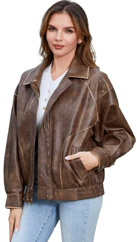 DIASHINY Faux Leather Jacket For Women Moto Biker Zip Up Motorcycle Loose Outwear Brown L