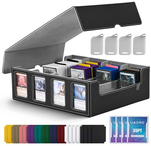 UAONO Trading Card Storage Box with Commander Display; 2400+ Deck Box for MTG with Removable Cover; Top Loaders Card Case fits Magic TCG PTCG Sports Cards; 24 Dividers, 4 Stoppers (Black, Grey)