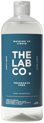 The Lab Co. Antibacterial Washing Up Dishwashing Liquid | Tough on Grease Dish Soap | Gentle on Hands | Plant-Based Formula | 750ml | Fragrance Free | Unscented for Sensitive Skin