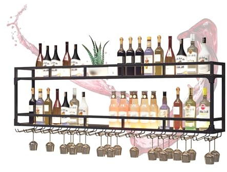 WXZXWXZX Portabottiglie da Parete con Luce Porta Bottiglie di Vino con Porta Bicchieri Sospesi Mobile Bar Angolo Bar Vetrinetta per Casa Cucina Sala da Pranzo Bar(Black,2 Layers_100CM)