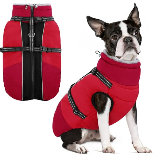 SUNFURA Dog Winter Coat, Warm Dog Coat with Harness for Medium Dogs Boys Girls, Reflective Fleece Lined Pet Winter Jacket Snowsuit for Pug, Jack Russel, Schnauzer, Red M