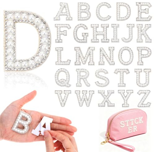 26 Pcs Glitter Pearl Letter Patches, A-Z English Adhesive Iron on Letters for Clothes, Rhinestone Letter Stickers Alphabet Repair Embroidered Applique for DIY Clothes Bags Shoes(White)