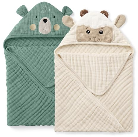Blissful Diary Musselin Baby kapuzenhandtuch Baby, 2er-Pack,Weiche und Saugfähige Baby Handtuch Kapuze, Baumwolle Baby Badetuch Unisex, Babygeschenk, Baby-Basics, 81x81cm, Bär & Lamm