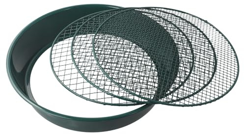 Vilgftyiet Setaccio da giardino in metallo con maglie intercambiabili da 12 mm, 9 mm, 6 mm, 37 cm, setaccio per compostaggio, include pala e rastrello, schermo sedimenti in ferro verde per cortile e