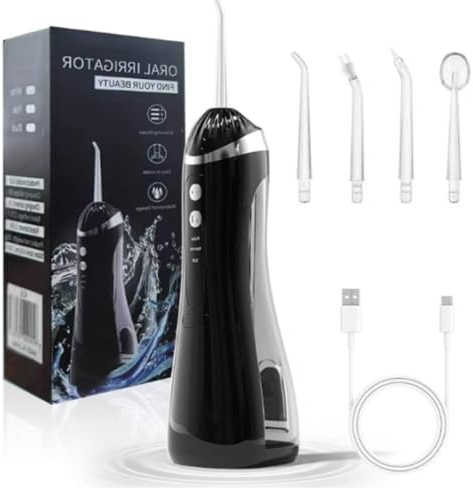 YIQILAIYA Idropulsore Dentale，Pulizia Denti Portatile con 3 Modalità e 4 Punte Sostituibili, USB per Ricarica Rapida 200ml IPX7 per lo Sciacquario Orale per Casa e Viaggio