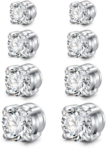 AVYRING Orecchini magnetici per uomo e donna, in acciaio inox, senza piercing, finto piercing, design con diamanti bianchi, 4 paia, Acciaio inossidabile