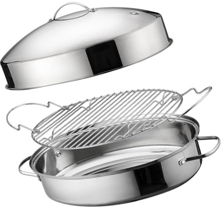 Rulbelok Large Capacity Stainless Steel Food Steamer Oval Roaster with Handle Steaming Pots for Gas Electric Induction Stove Stainless Steel Soup Cooking Pan