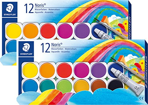 STAEDTLER 2 Stück Noris Club Deckfarbkasten, 12 Farben, 1 Tube Deckweiß + 1 Pinsel, 888 NC12
